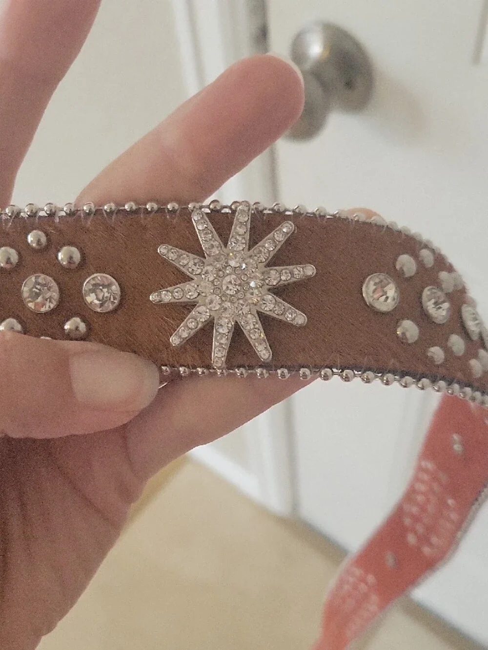 Studded Brown Leather Belt with Floral Conchos